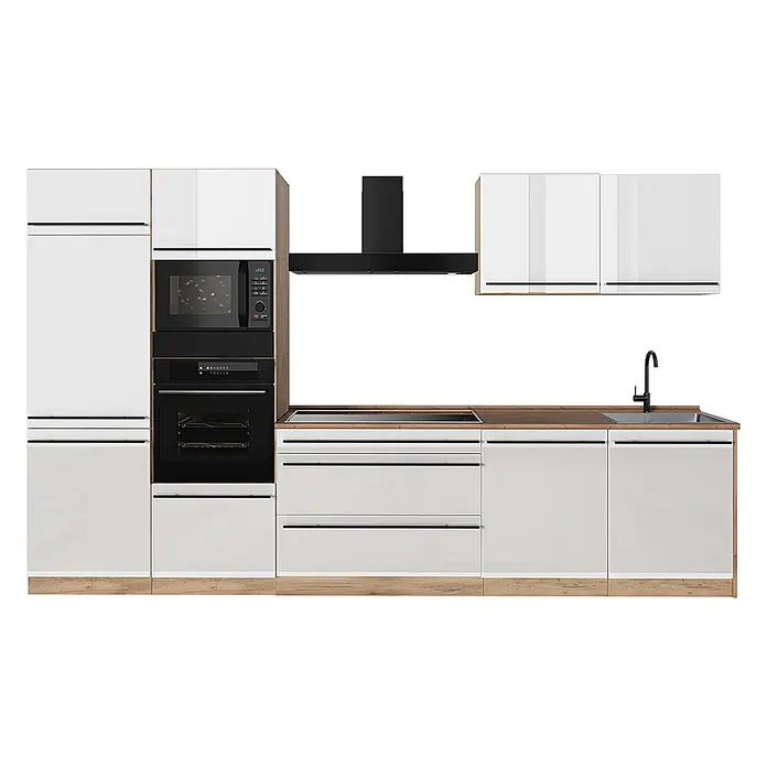 Küchenzeile R-Line 340 cm Weiß Hochglanz Art.-Nr. 66584 -  - Moderne weiße Küche mit integrierten Geräten, Holzdetails und schwarzen Armaturen.