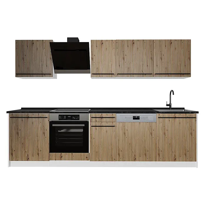Küchenzeile R-Line 280 cm Artisan-Eiche Art.-Nr. 67177 -  - Moderne Küchenzeile mit hellen Holzlamellen-Schränken, schwarzen Arbeitsplatten und Griffen sowie integrierten Edelstahlgeräten.