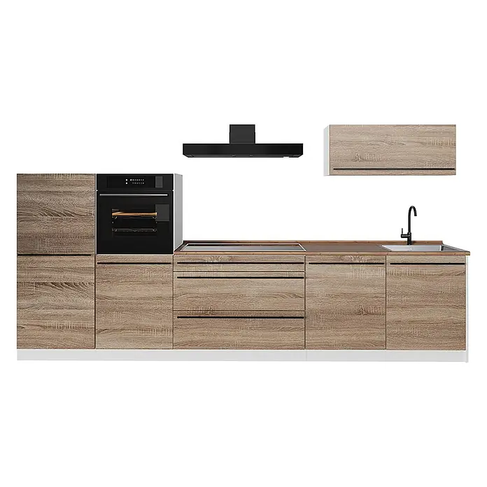 Küchenzeile R-Line 340 cm Sonoma Art.-Nr. 67322 -  - Modulare Küchenzeile mit hellen Holzmaserungsschränken, dunkelbrauner Arbeitsplatte, integriertem Backofen, Kochfeld, Spüle und schwarzer Dunstabzugshaube.
