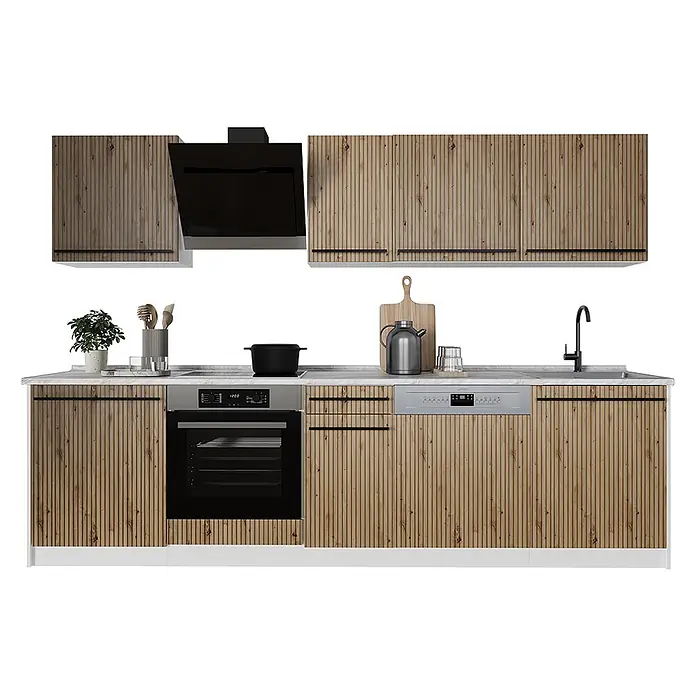 Küchenzeile R-Line 280 cm Artisan-Eiche Art.-Nr. 67177 -  - Moderne Küche mit hellen Holzlamellenfronten, schwarzen Geräten (Backofen, Dunstabzug) und weißer Arbeitsplatte mit Spüle.