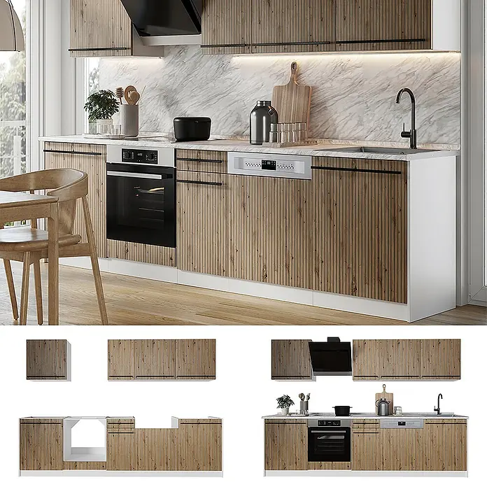 Küchenzeile R-Line 280 cm Artisan-Eiche Art.-Nr. 67177 -  - Moderne Küche mit hellen Holz-Effekt-Schrankfronten, weißem Sockel und integrierten Geräten.