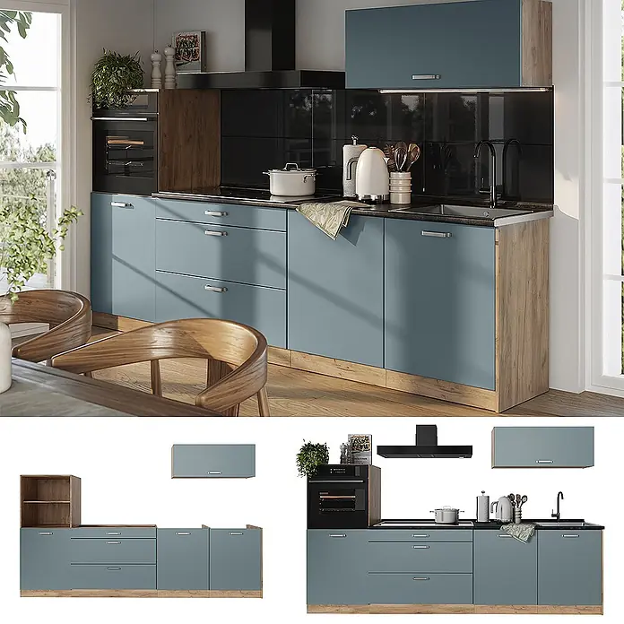 Küchenzeile R-Line 280 cm Blau-Grau Art.-Nr. 67257 -  - Moderne Küche mit blaugrauen Unterschränken, einem passenden Hängeschrank und hellen Holzpaneelen, komplett mit Ofen, Kochfeld und Spüle.