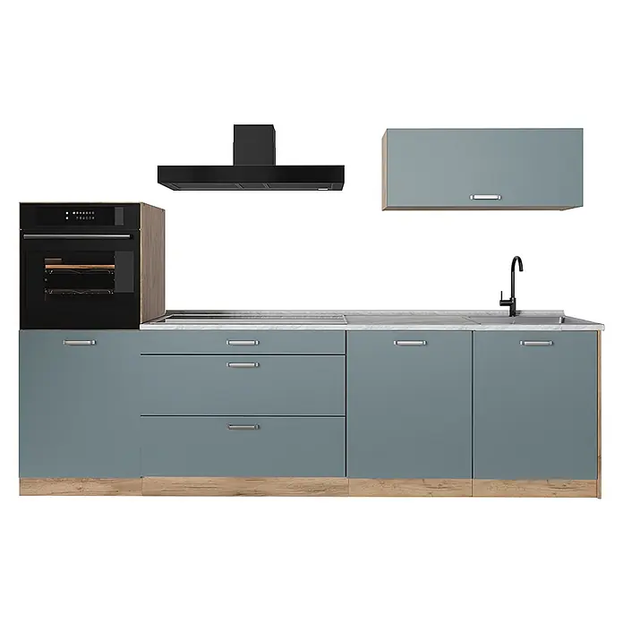 Küchenzeile R-Line 280 cm Blau-Grau Art.-Nr. 67259 -  - Moderne blaugraue Küchenzeile mit hellen Holzdetails, schwarzem Ofen, Induktionskochfeld, Spüle und passenden Oberschränken.