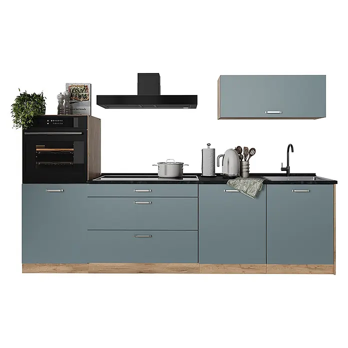 Küchenzeile R-Line 280 cm Blau-Grau Art.-Nr. 67257 -  - Moderne blau-graue Küchenzeile mit schwarzer Arbeitsplatte, integriertem Backofen und Hängeschrank.