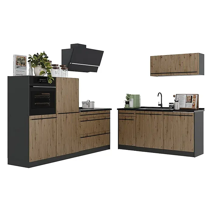 Küchenzeile R-Line 220 cm Artisan-Eiche Art.-Nr. 67076 -  - Moderne Küchenzeile mit hellen Holzlamellenfronten, schwarzen Akzenten und Arbeitsplatten. Inklusive Ofen, Dunstabzug und Spüle.