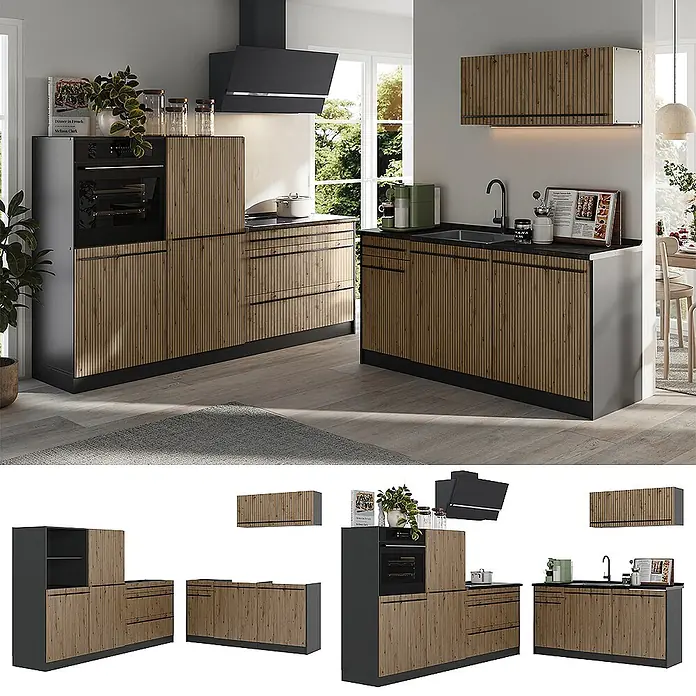 Küchenzeile R-Line 220 cm Artisan-Eiche Art.-Nr. 67076 -  - Modulare Küchenschränke mit geriffelten Holzfronten und dunkelgrauen Rahmen, mit Backofen, Spüle und Stauraum.
