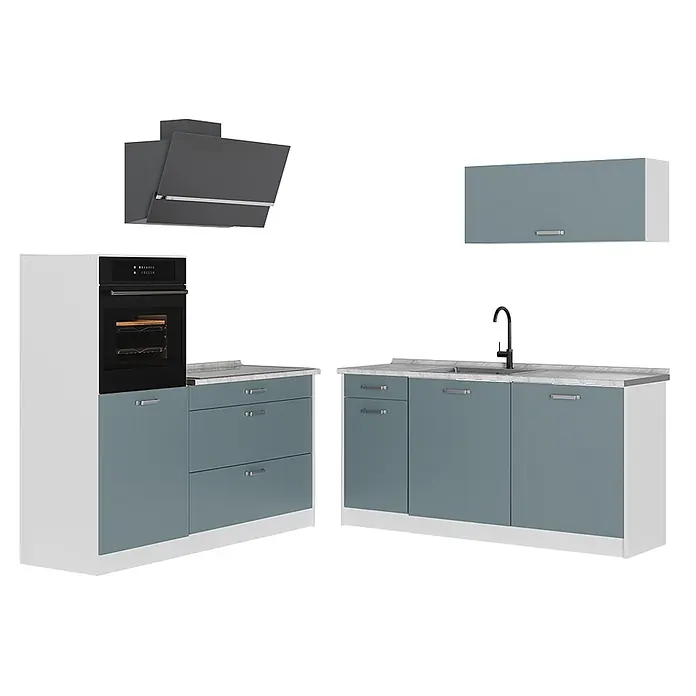 Küchenzeile R-Line 160 cm Blau-Grau Art.-Nr. 66936 -  - Moderne Küchenschränke mit blaugrauen Fronten, weißen Seiten, hellgrauen Arbeitsplatten, integriertem Backofen, Spüle und dunkler Dunstabzugshaube.