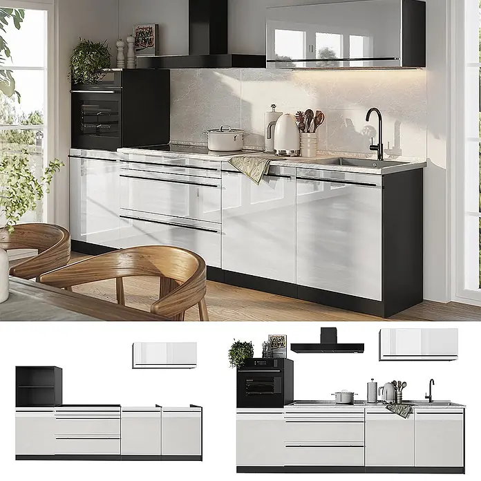 Küchenzeile R-Line 280 cm Weiß Hochglanz Art.-Nr. 66478 -  - Moderne Küchenzeile mit weißen Hochglanzfronten, schwarzen Akzenten, integriertem Backofen, Kochfeld und Spüle.