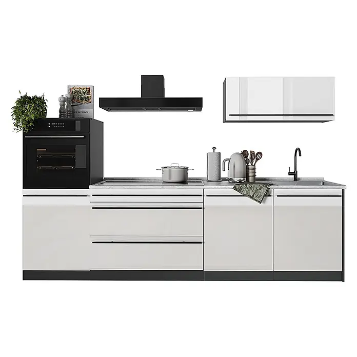 Küchenzeile R-Line 280 cm Weiß Hochglanz Art.-Nr. 66478 -  - Moderne Küchenzeile mit weißen Hochglanzschränken, schwarzem Ofen, Dunstabzugshaube und grauer Arbeitsplatte mit Kochfeld und Spüle.