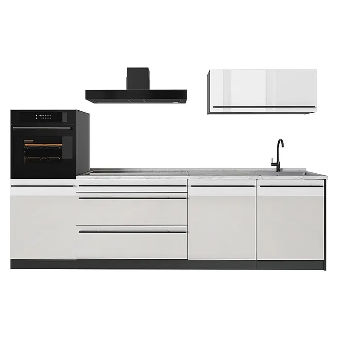 Küchenzeile R-Line 280 cm Weiß Hochglanz Art.-Nr. 66479 -  - Moderne weiße Küchenzeile mit integriertem schwarzem Ofen, Dunstabzugshaube und Spüle. Verfügt über eine hellgraue Arbeitsplatte und elegante schwarze Griffe.