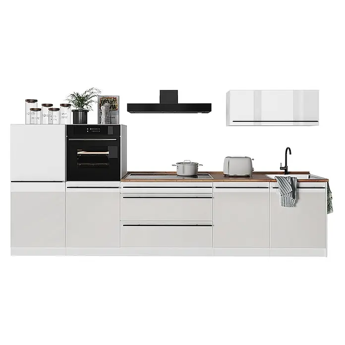 Küchenzeile R-Line 340 cm Weiß Hochglanz Art.-Nr. 66549 -  - Moderne weiße Küchenzeile mit Holzplatte, schwarzem Ofen, Kochfeld, Spüle, Ober- und Dunstabzugshaube.