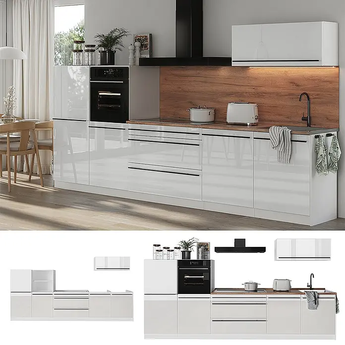 Küchenzeile R-Line 340 cm Weiß Hochglanz Art.-Nr. 66549 -  - Weiße Hochglanzküche mit Holztheke und schwarzen Geräten in einem modernen Wohnraum.