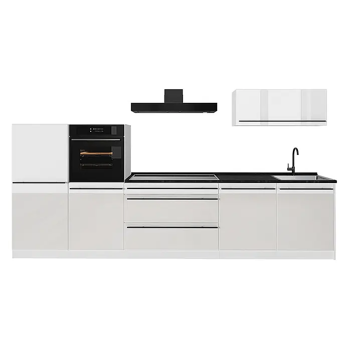 Küchenzeile R-Line 340 cm Weiß Hochglanz Art.-Nr. 66549 -  - Moderne weiße Küche mit schwarzen Einbaugeräten (Backofen, Kochfeld, Dunstabzug), schwarzer Spüle und Arbeitsplatte.