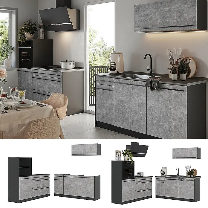 Küchenzeile R-Line 160 cm Beton Art.-Nr. 66901 -  - Modulare Küchenzeile in Betonoptik grau, mit Geräten und Spüle, als Set und Einzelkomponenten dargestellt.
