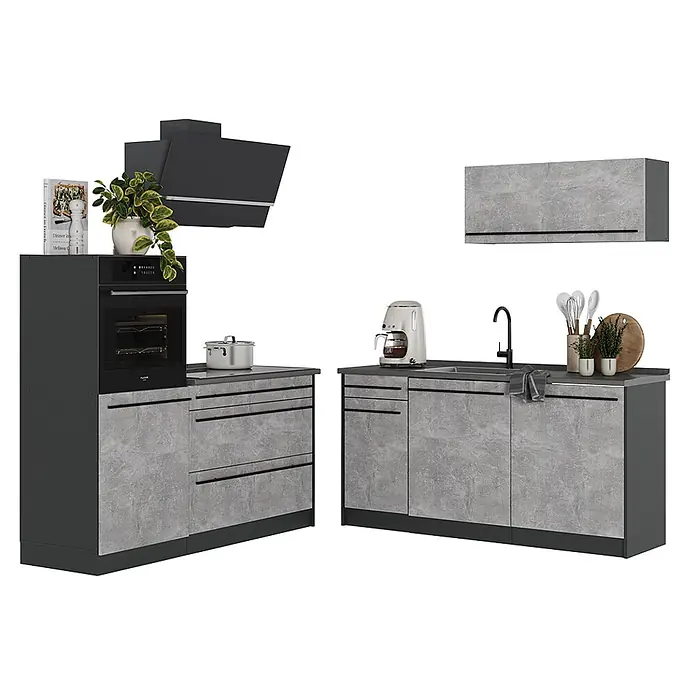 Küchenzeile R-Line 160 cm Beton Art.-Nr. 66901 -  - Modulare Küche mit grauen Beton-Fronten, dunklen Arbeitsplatten, Einbaubackofen, Dunstabzugshaube und Spülbereich.