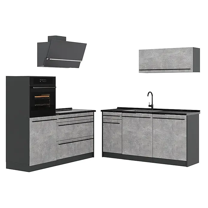 Küchenzeile R-Line 160 cm Beton Art.-Nr. 66901 -  - Moderne Modulküche mit dunkelgrauen Schränken, hellgrauen Betonoptik-Fronten, integriertem Backofen, Spüle und Dunstabzugshaube.