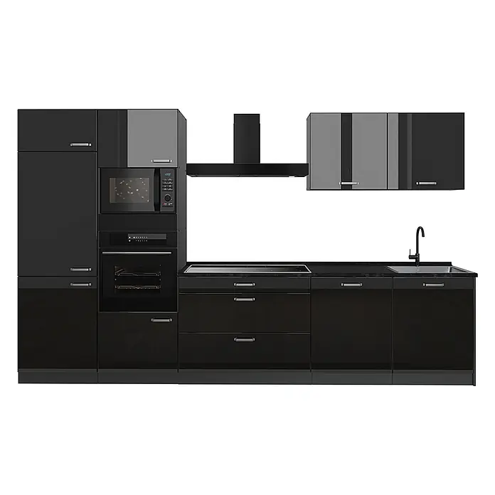 Küchenzeile R-Line 340 cm Schwarz Hochglanz Art.-Nr. 66564 -  - Moderne schwarze und dunkelgraue Hochglanzküchenzeile mit integrierten Geräten: Backofen, Mikrowelle, Kochfeld, Spüle, Dunstabzugshaube.