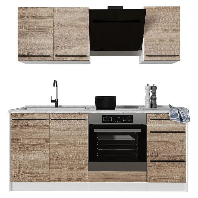 Singleküche R-Line 180 cm Sonoma Art.-Nr. 67060 -  - Eine komplette Küchenzeile mit hellen Holzmaserungsschränken, weißer Arbeitsplatte und schwarzen Einbaugeräten inkl. Backofen und Dunstabzugshaube.
