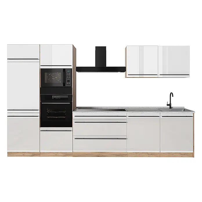 Küchenzeile R-Line 340 cm Weiß Hochglanz Art.-Nr. 66583 -  - Moderne weiße Küchenmöbel mit hellen Holzdetails, integrierten schwarzen Geräten und grauer Arbeitsplatte mit Spüle.