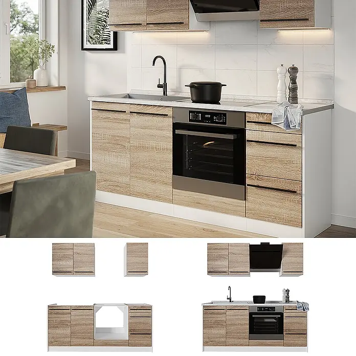 Singleküche R-Line 180 cm Sonoma Art.-Nr. 67060 -  - Helle Küchenzeile in Holzoptik mit Spüle, schwarzer Armatur, Kochfeld und Backofen in moderner Küchenumgebung.