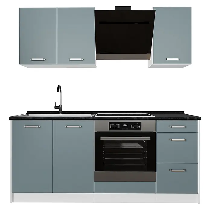 Singleküche R-Line 180 cm Blau-Grau Art.-Nr. 67053 -  - Modulare Küchenzeile in Hellblau und Schwarz mit dunkler Arbeitsplatte, Spüle, Backofen und Hängeschränken mit Dunstabzug.