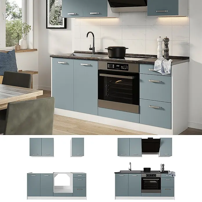 Singleküche R-Line 180 cm Blau-Grau Art.-Nr. 67055 -  - Moderne blaugraue Küchenzeile mit integriertem Backofen, Kochfeld und Spüle, schwarzer Arbeitsplatte und Hängeschränken in einer stilvollen Küche.