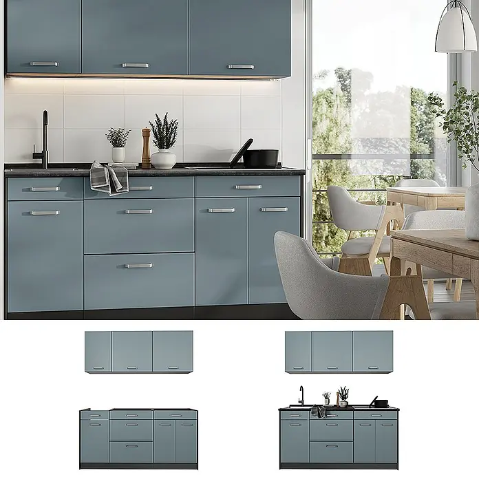 Singleküche R-Line 160 cm Blau-Grau Art.-Nr. 66894 -  - Moderne blaugraue Küchenschränke mit silbernen Griffen und schwarzer Arbeitsplatte, inklusive Ober- und Unterschränken mit Spüle und Kochfeld.