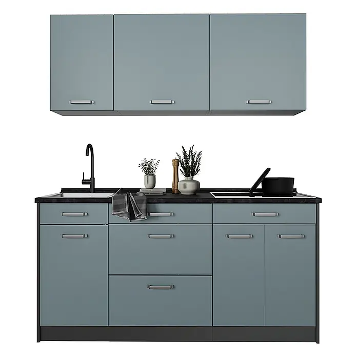 Singleküche R-Line 160 cm Blau-Grau Art.-Nr. 66894 -  - Blau-graue Modulküche mit Ober- und Unterschränken, Spüle und Herdplatte.