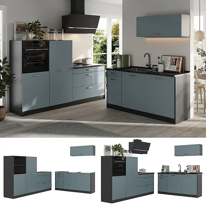 Küchenzeile R-Line 220 cm Blau-Grau Art.-Nr. 67081 -  - Moderne Modulküche mit blaugrauen Fronten und schwarzen Elementen, mit Backofen, Kochfeld, Spüle und Stauschränken.
