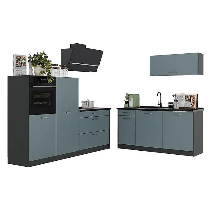 Küchenzeile R-Line 220 cm Blau-Grau Art.-Nr. 67081 -  - Modulare Küche mit mattblaugrauen Schränken, schwarzen Arbeitsplatten und integrierten Geräten wie Backofen und Spüle.
