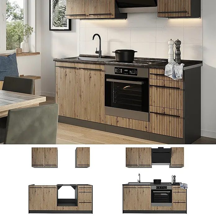 Singleküche R-Line 180 cm Artisan-Eiche Art.-Nr. 66973 -  - Modulare Küche mit gerillten hellen Holzfronten, dunkler Arbeitsplatte und integrierter Spüle, Kochfeld und Backofen in modernem Ambiente.