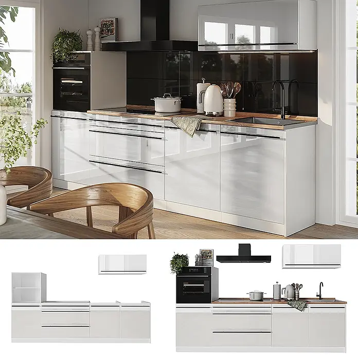 Küchenzeile R-Line 280 cm Weiß Hochglanz Art.-Nr. 66507 -  - Moderne weiße Hochglanzküche mit Holzplatte, schwarzen Geräten und Spüle, in einem hellen Raum.