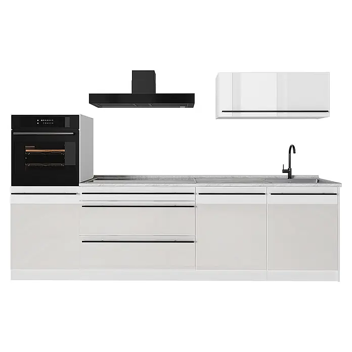 Küchenzeile R-Line 280 cm Weiß Hochglanz Art.-Nr. 66507 -  - Moderne weiße Küche mit integriertem schwarzem Ofen, Spüle, Kochfeld, Dunstabzugshaube und weißen Oberschränken.