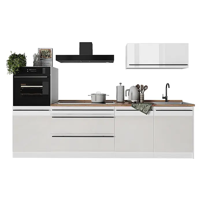 Küchenzeile R-Line 280 cm Weiß Hochglanz Art.-Nr. 66507 -  - Moderne weiße Küchenzeile mit Holzplatte, schwarzem Ofen, Kochfeld, Dunstabzugshaube und Spülhahn.