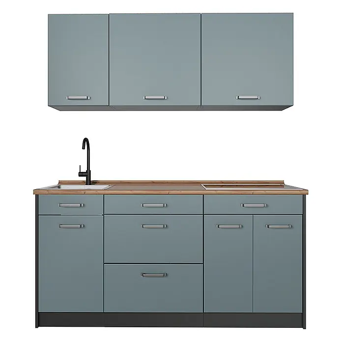Singleküche R-Line 160 cm Blau-Grau Art.-Nr. 66894 -  - Blaugraue Küchenzeile mit Ober- und Unterschränken, Holz-Arbeitsplatte, Spüle und Kochfeld.