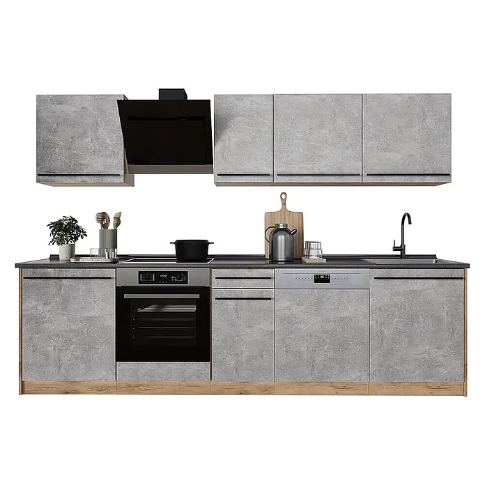 Küchenzeile R-Line 280 cm Beton Art.-Nr. 67165 -  - Moderne Küchenzeile mit grauen Betonoptik-Schränken, dunklen Arbeitsplatten, Holzsockel und integrierten schwarzen Geräten.