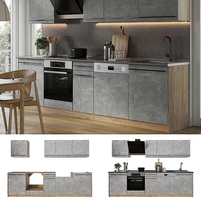 Küchenzeile R-Line 280 cm Beton Art.-Nr. 67165 -  - Moderne Einbauküche mit grauen Beton-Effekt-Schränken, hellem Holzsockel, integriertem Ofen, Geschirrspüler und Spüle, inkl. Oberschränke.