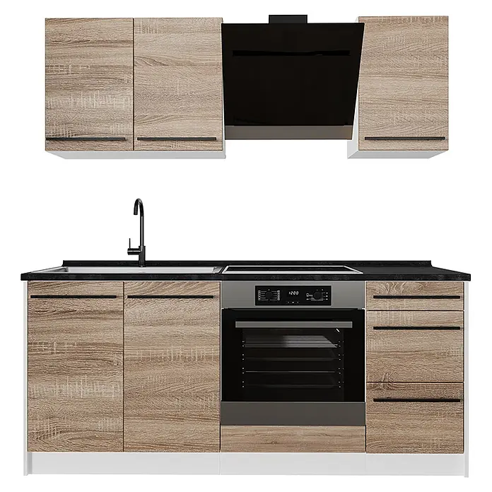 Singleküche R-Line 180 cm Sonoma Art.-Nr. 67057 -  - Küchenzeile in heller Holzoptik mit schwarzer Arbeitsplatte, Spüle, integriertem Ofen und schwarzer Dunstabzugshaube.