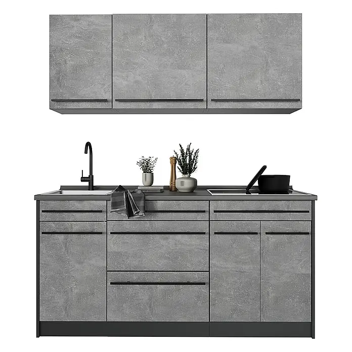 Singleküche R-Line 160 cm Beton Art.-Nr. 66890 -  - Graue Küche im Beton-Look mit Ober- und Unterschränken, Spüle, Kochfeld, Schubladen und Türen, alle mit schwarzen Griffen.