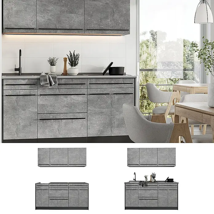 Singleküche R-Line 160 cm Beton Art.-Nr. 66890 -  - Modulare Küchenschränke und Schubladen in grauer Betonoptik mit schwarzen Griffen und dunkler Arbeitsplatte.