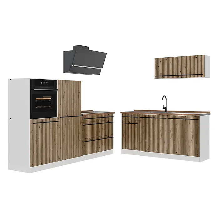 Küchenzeile R-Line 220 cm Artisan-Eiche Art.-Nr. 67102 -  - Moderne Küchenzeile mit Holzlamellenfronten, weißen Rahmen, integriertem Backofen, Spüle und separater Dunstabzugshaube.