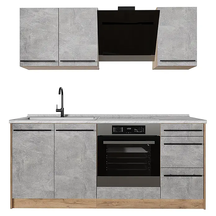 Singleküche R-Line 180 cm Beton Art.-Nr. 67035 -  - Moderne Küchenzeile mit grauen Betonoptik-Schränken, Holzdetails, integriertem Backofen, Spüle und schwarzer Dunstabzugshaube.