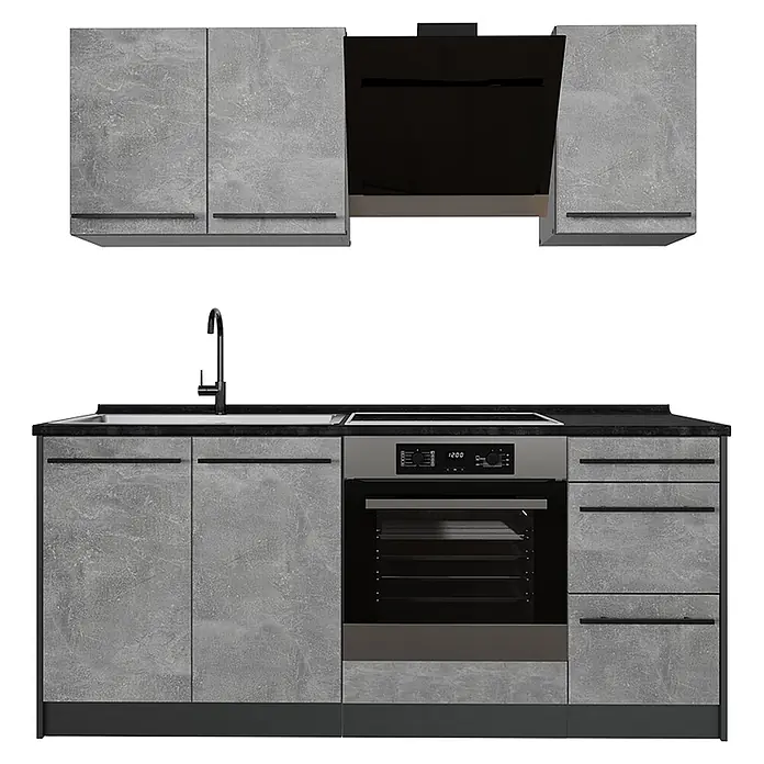 Singleküche R-Line 180 cm Beton Art.-Nr. 66980 -  - Eine moderne graue Küchenzeile im Beton-Look mit Spüle, Kochfeld, Backofen und Dunstabzugshaube, ergänzt durch schwarze Akzente.
