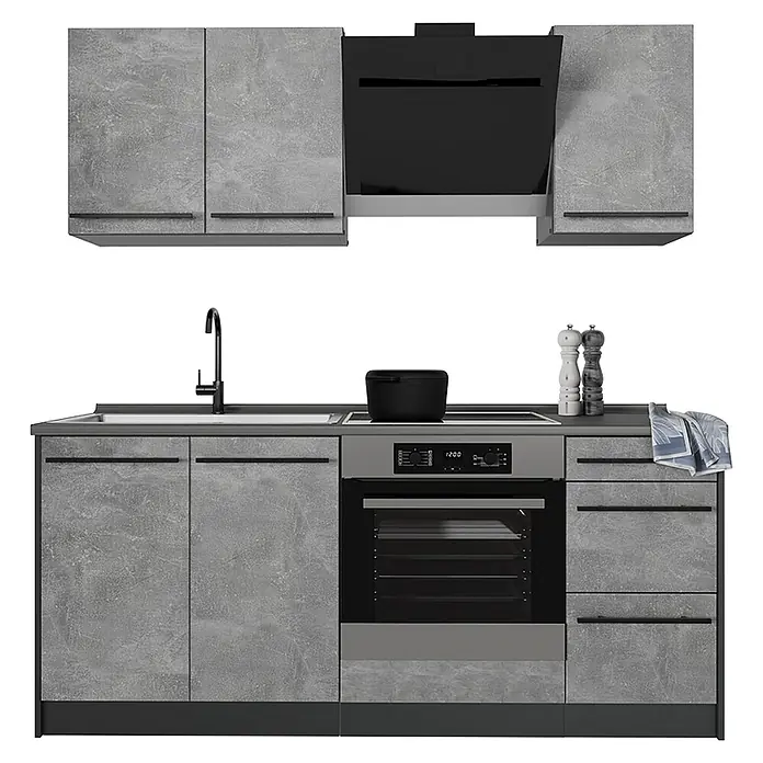 Singleküche R-Line 180 cm Beton Art.-Nr. 66980 -  - Moderne Küchenzeile in Betonoptik Grau mit Oberschränken, Spüle, Induktionskochfeld und Backofen.