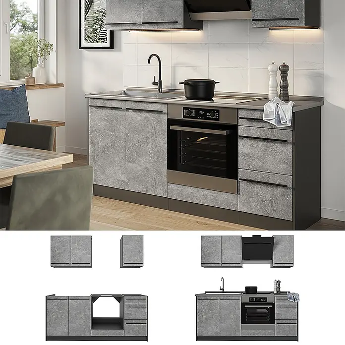 Singleküche R-Line 180 cm Beton Art.-Nr. 66980 -  - Graue Küche in Betonoptik mit Spüle, integriertem Backofen und Schränken, in einer modernen Küche installiert.