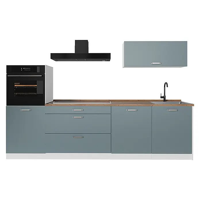 Küchenzeile R-Line 280 cm Blau-Grau Art.-Nr. 67274 -  - Moderne blau-graue Küchenzeile mit Holzplatte, integriertem Backofen, Kochfeld, Spüle und schwarzer Dunstabzugshaube und Armatur.