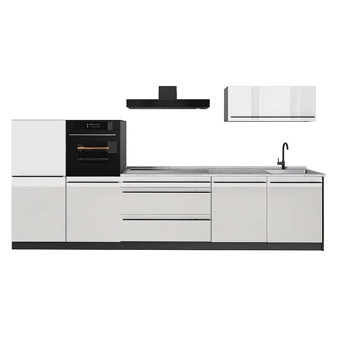 Küchenzeile R-Line 340 cm Weiß Hochglanz Art.-Nr. 66523 -  - Modulare Küche mit weißen Schränken, schwarzem Ofen, Kochfeld, Spüle und Dunstabzugshaube.