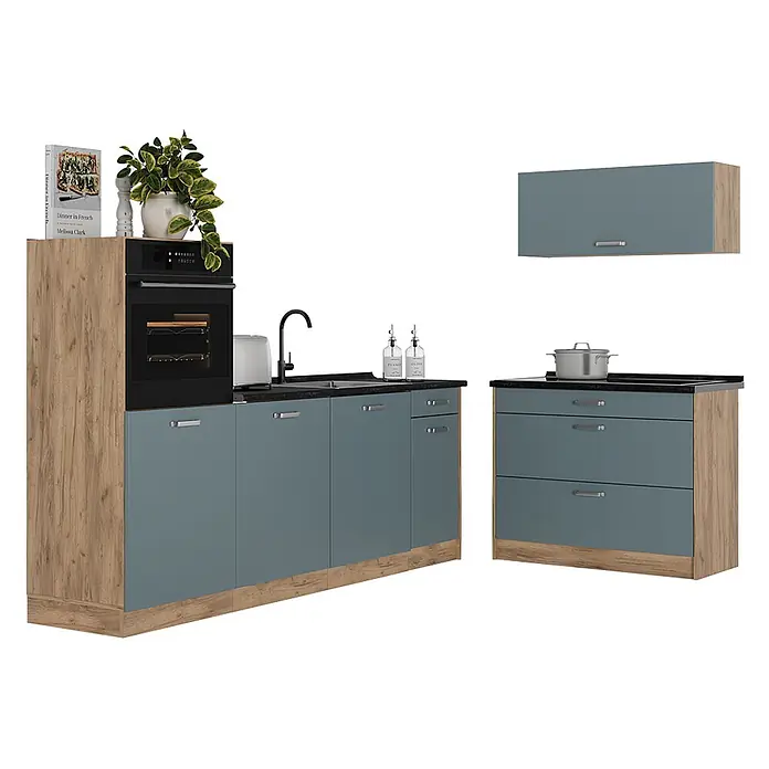Küchenzeile R-Line 220 cm Blau-Grau Art.-Nr. 67434 -  - Modulare Küchenzeile mit blau-grauen Schränken, Holzoptik-Akzenten, schwarzer Arbeitsplatte, Spüle und integriertem Backofen.