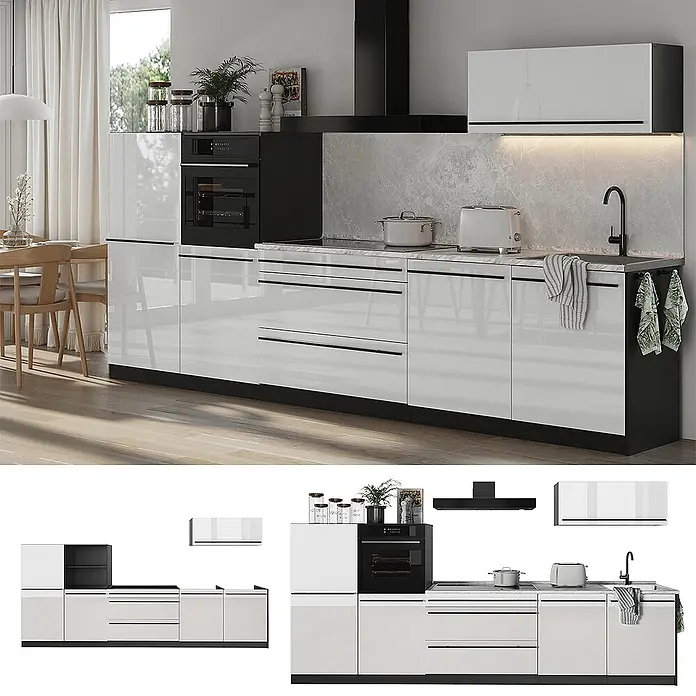 Küchenzeile R-Line 340 cm Weiß Hochglanz Art.-Nr. 66521 -  - Moderne modulare Küchenzeile mit hochglänzenden weißen Schränken, schwarzem Sockel, integriertem Ofen und Dunstabzugshaube.