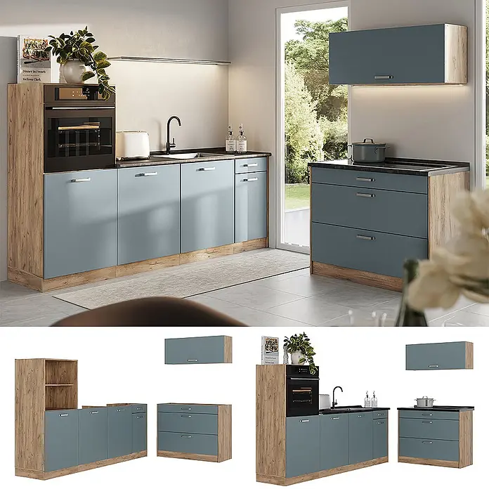 Küchenzeile R-Line 220 cm Blau-Grau Art.-Nr. 67434 -  - Modulare Küche mit staubblauen Fronten, Holzoptikdetails und schwarzen Arbeitsplatten, inklusive Backofen, Spüle und Stauschränken.